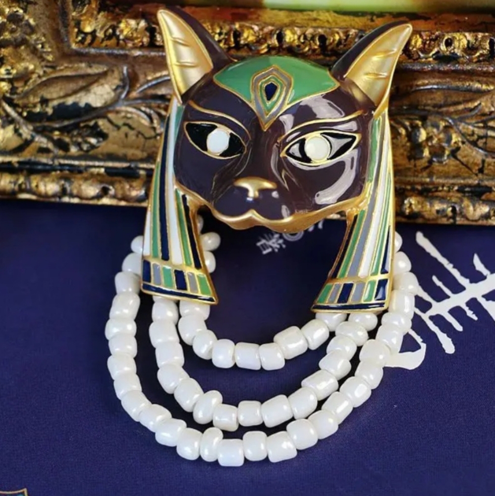 WORLD MARKET ENAMELED EGYPTIAN "ANUBIS CAT" BROOCH NWOT